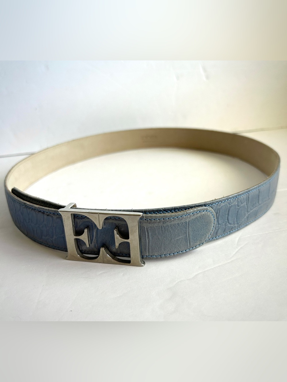 ESCADA Vintage Light Blue Croc-Embossed Leather Belt